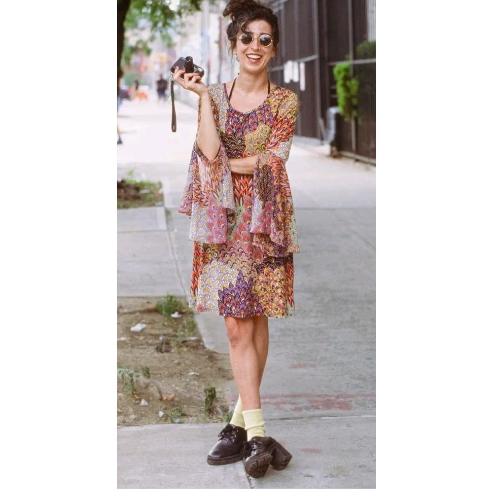 MSK Mod Shift Dress Sz‎ L* Flyaway Bell Sleeves Psychedelic Hippie Funky Retro